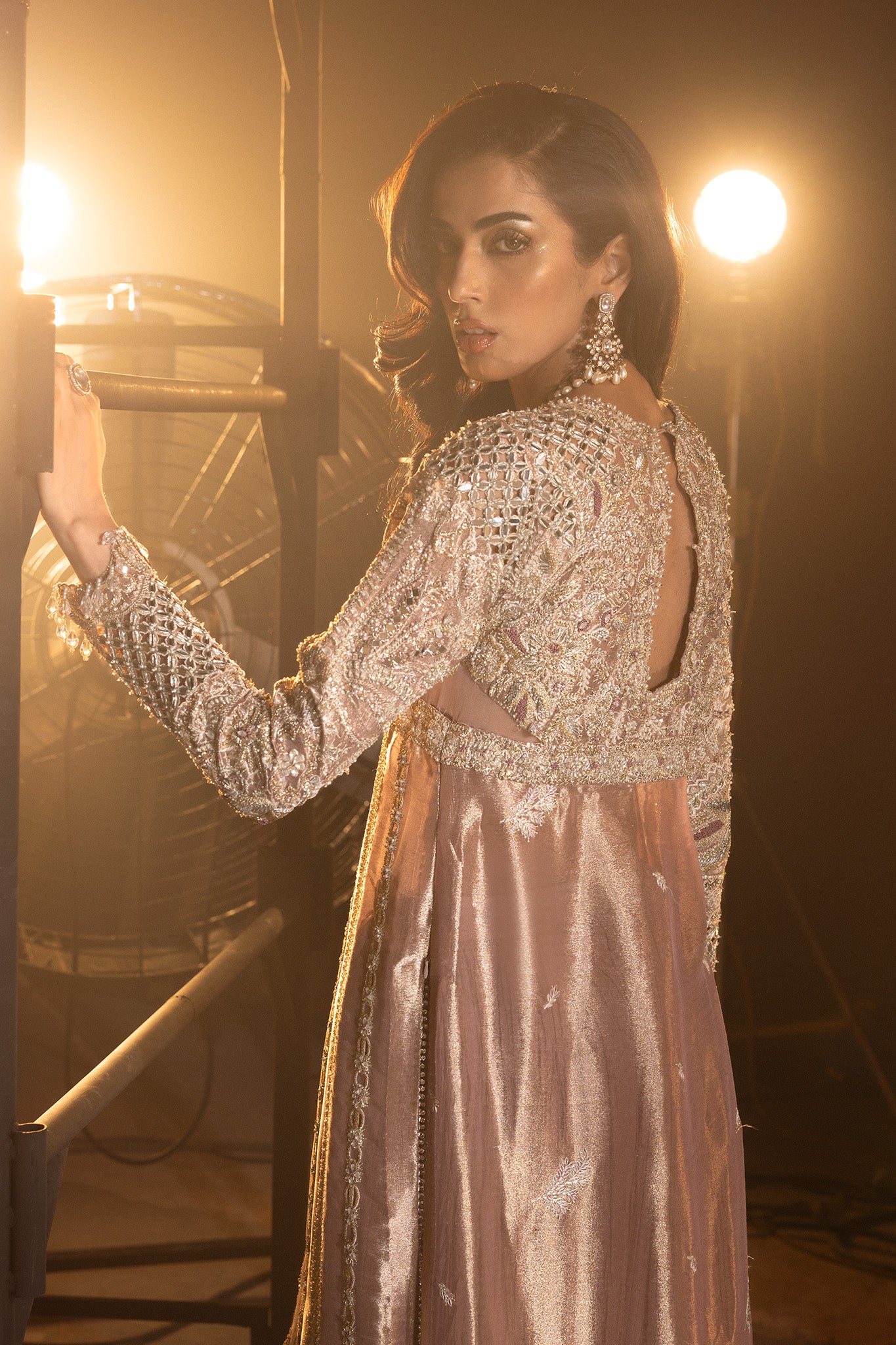 Pakistani Dusty Pink Embroidered Net Organza Jacket Sharara (3-Piece) - Image 7