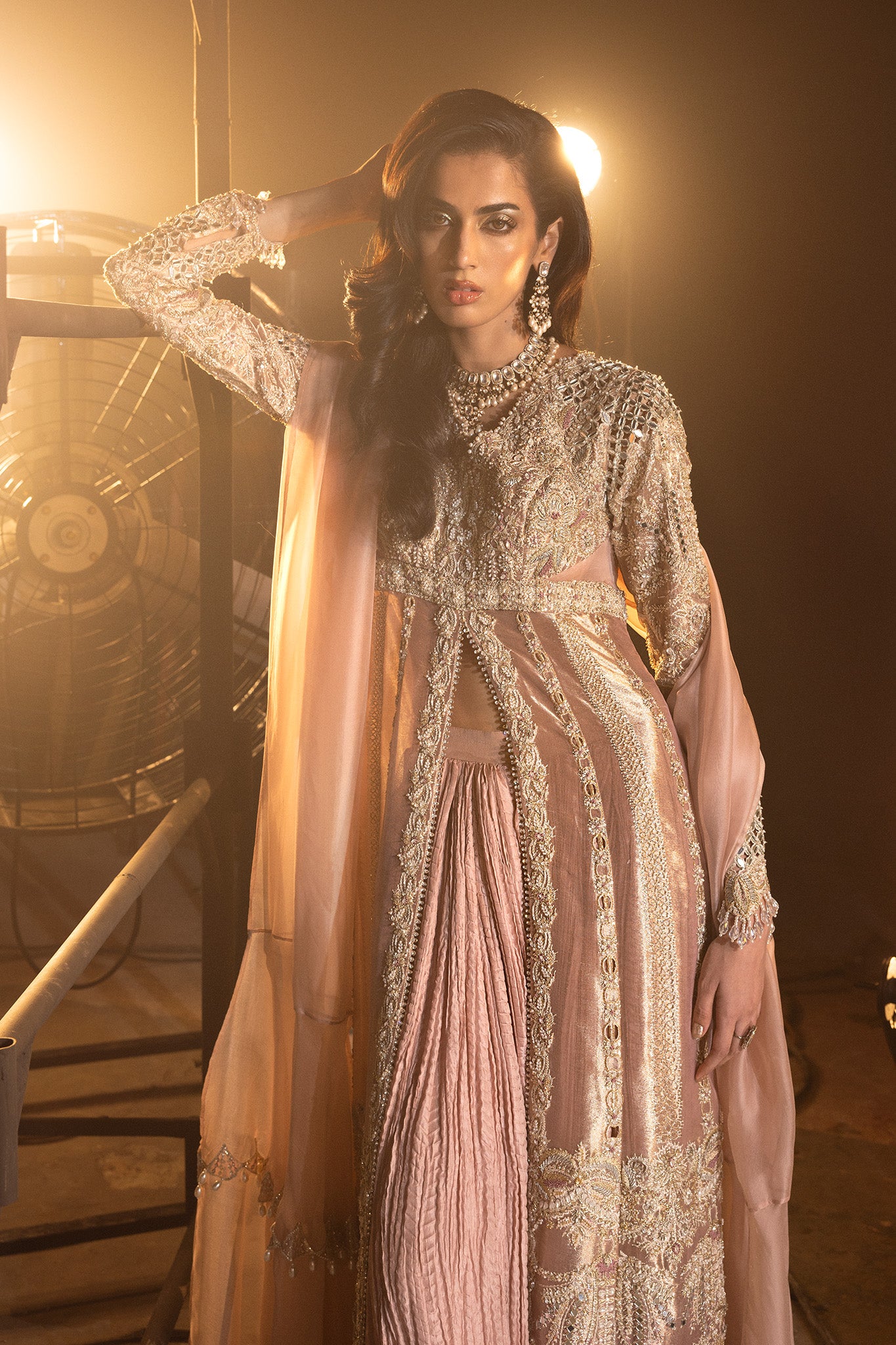 Pakistani Dusty Pink Embroidered Net Organza Jacket Sharara (3-Piece) - Image 8