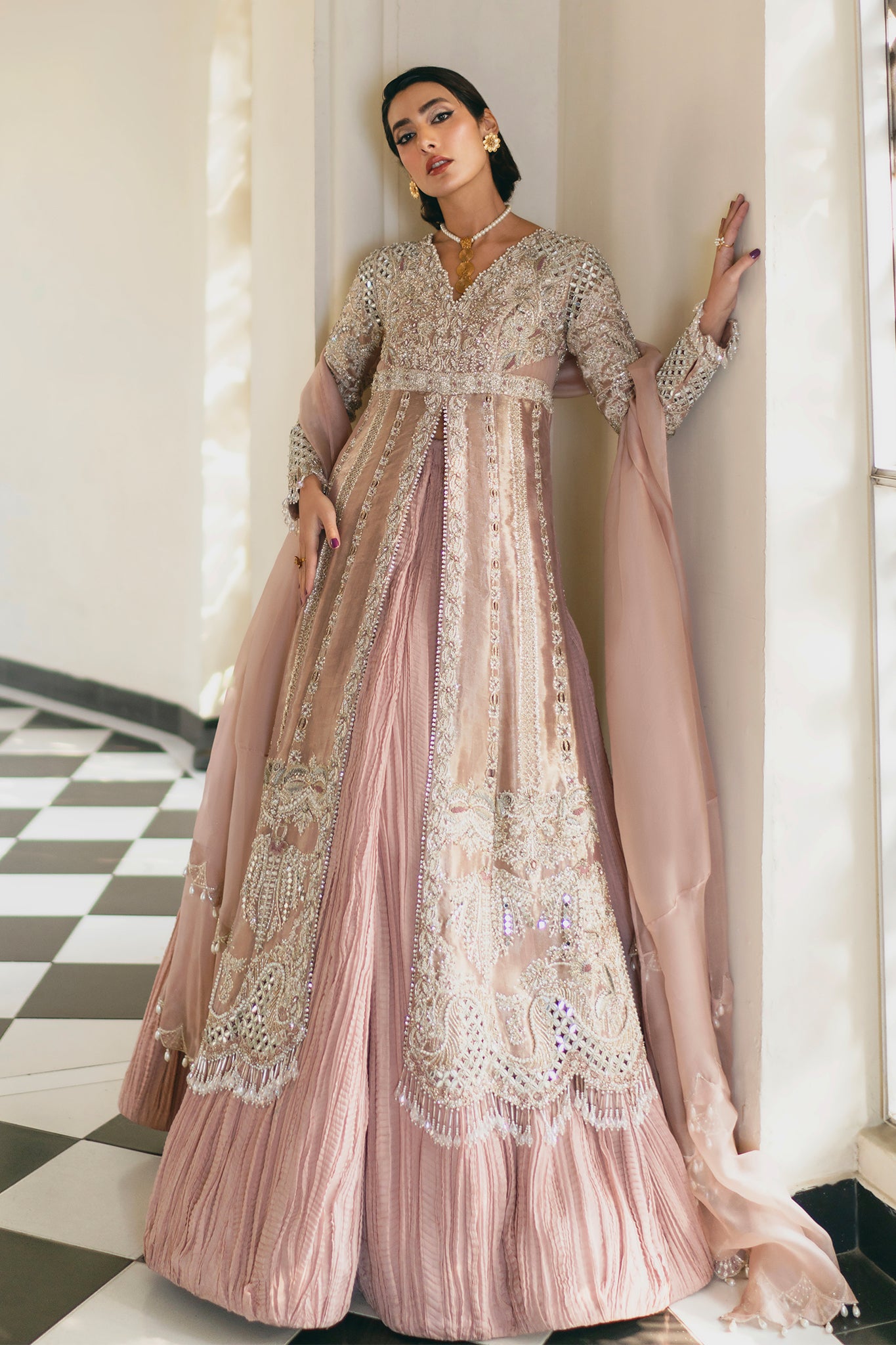 Pakistani Dusty Pink Embroidered Net Organza Jacket Sharara (3-Piece) - Image 9