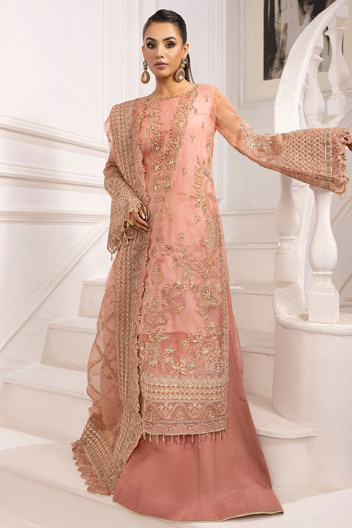 Blush Pink Embroidered Organza Sharara (3-Piece) - Image 1
