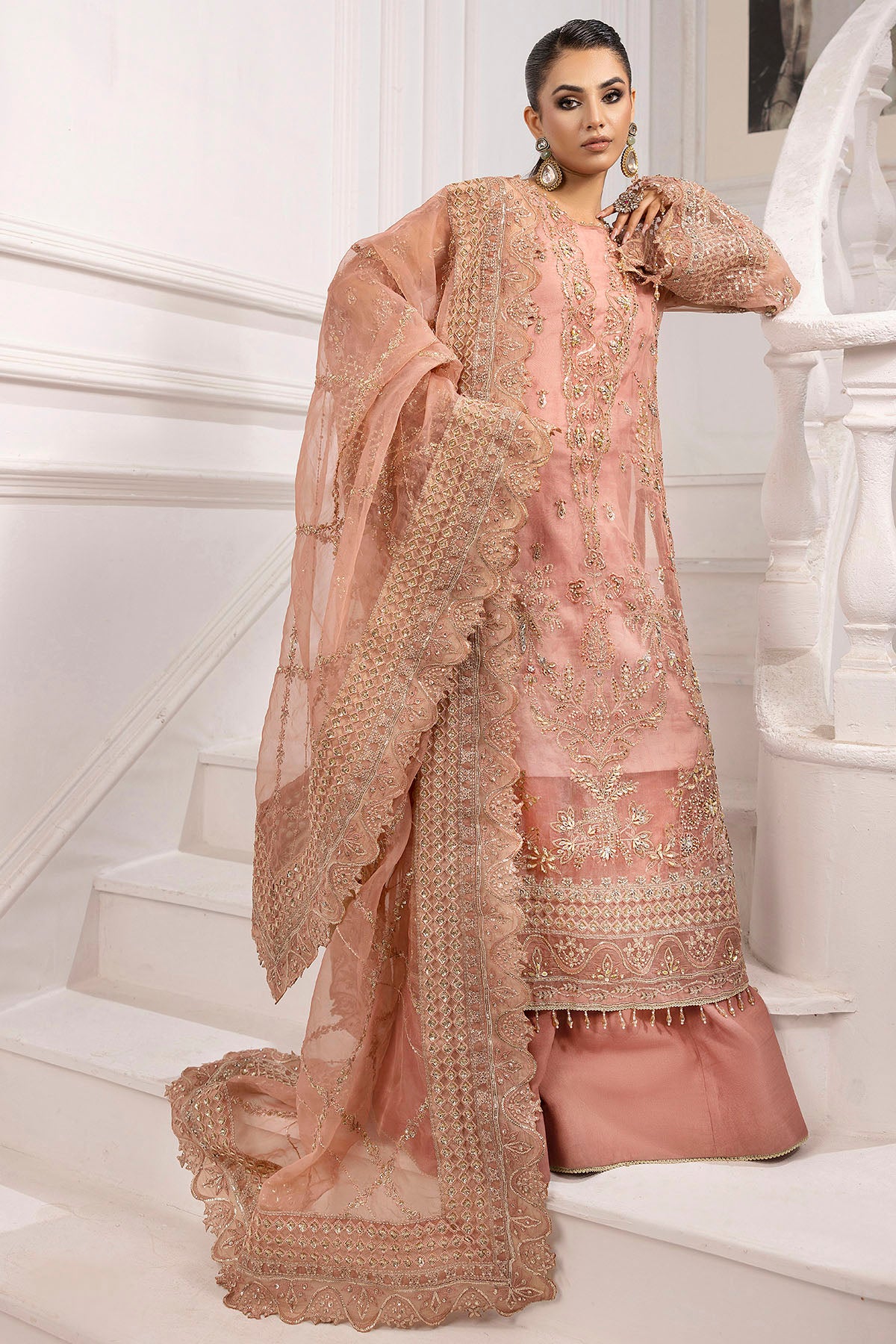 Blush Pink Embroidered Organza Sharara (3-Piece) - Image 4