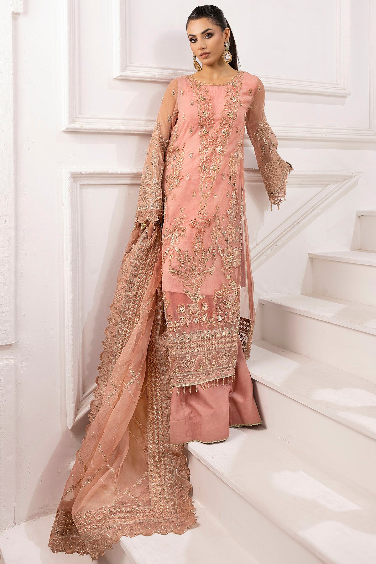 Blush Pink Embroidered Organza Sharara (3-Piece) - Image 5