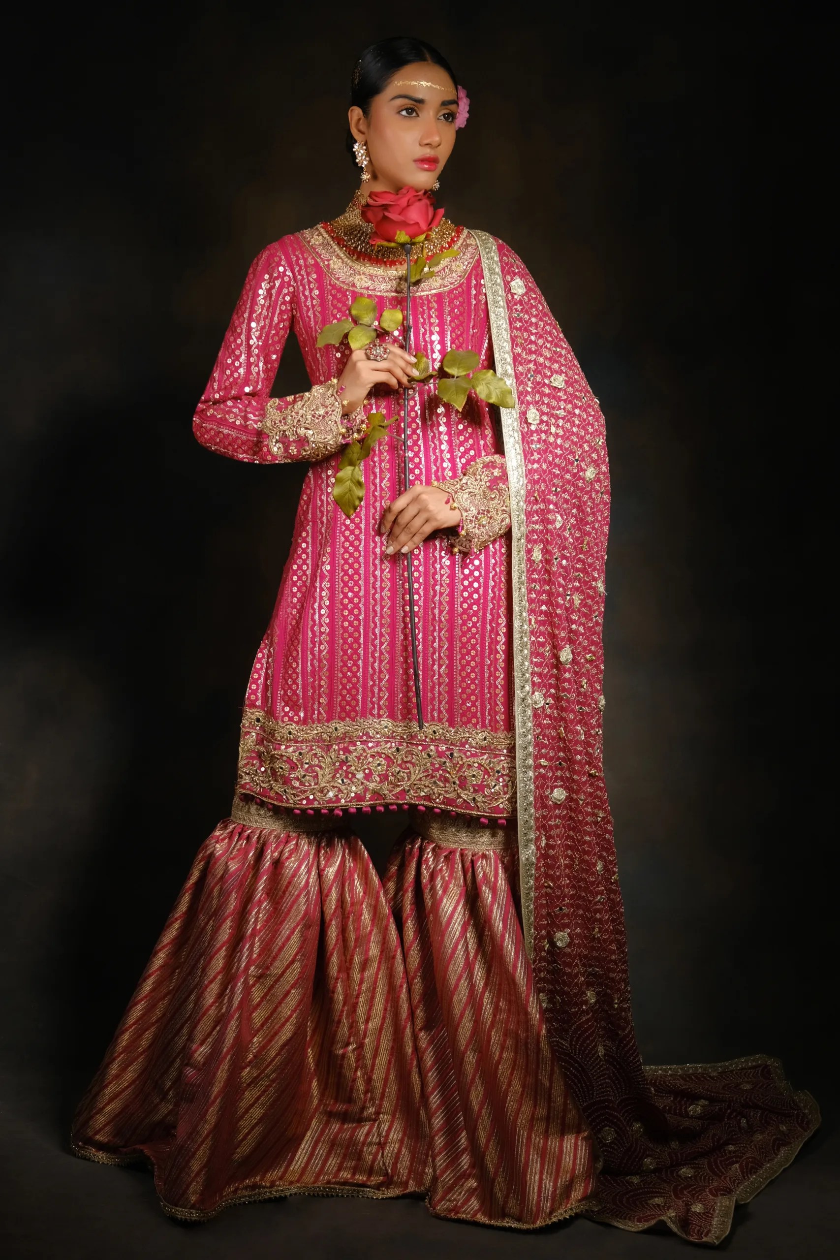 Pakistani Pink Hand-Embroidered Sharara Set (3-Piece) - Image 1