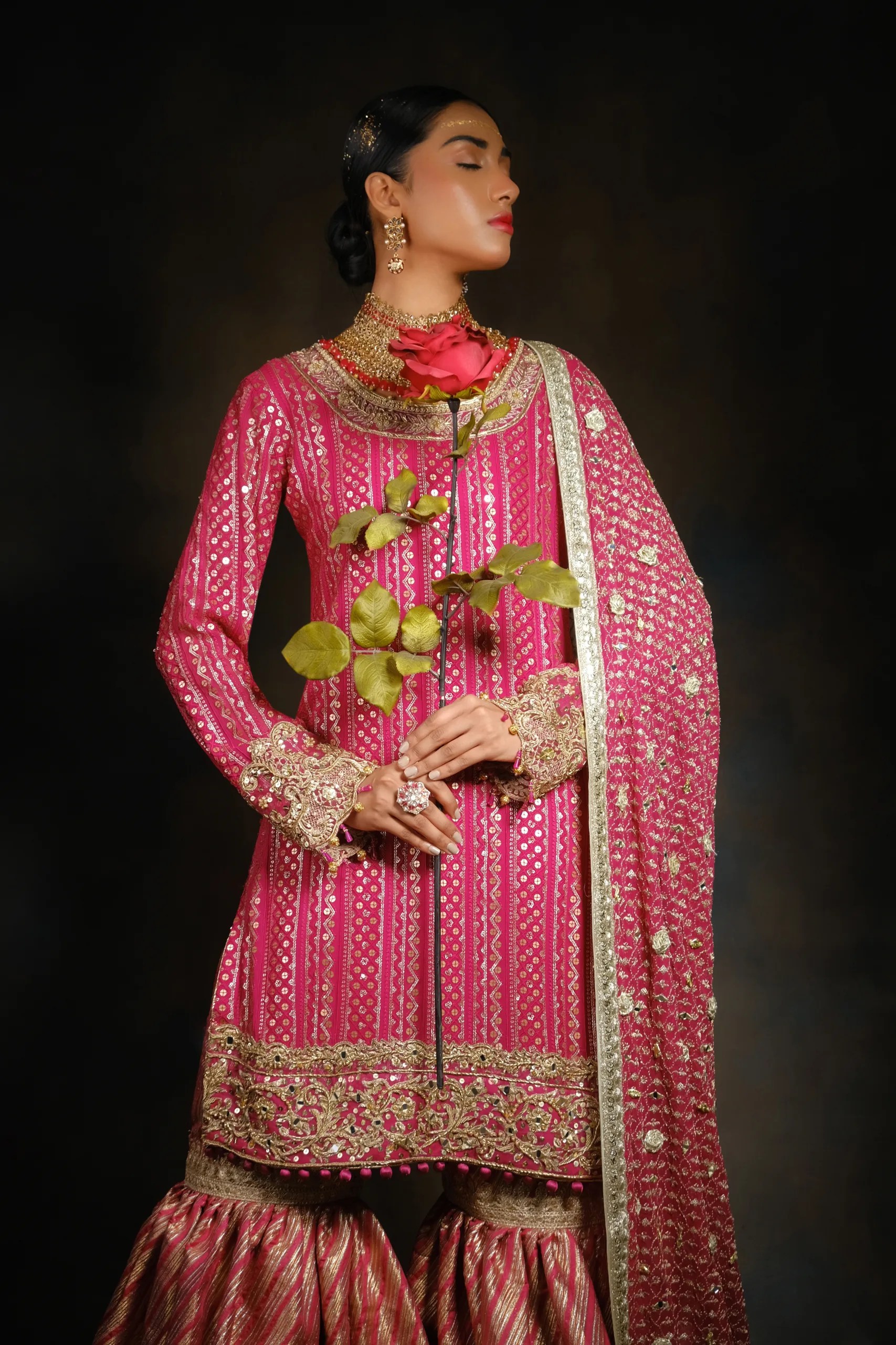 Pakistani Pink Hand-Embroidered Sharara Set (3-Piece) - Image 2