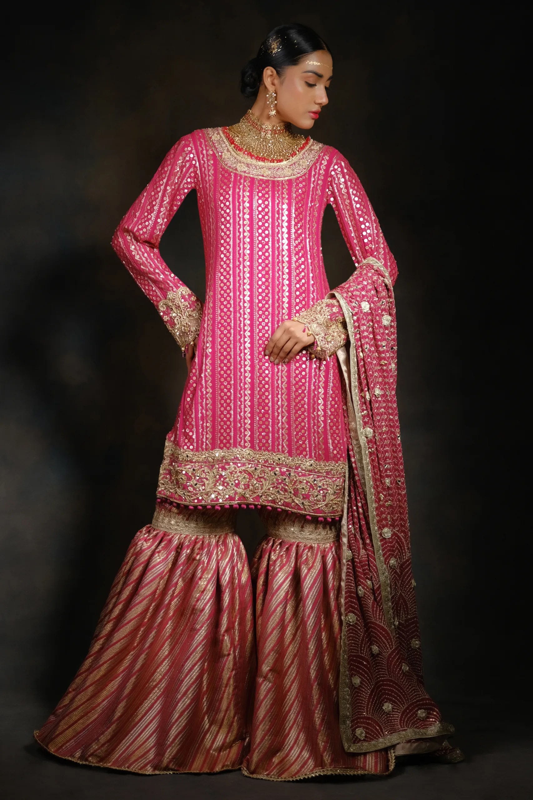 Pakistani Pink Hand-Embroidered Sharara Set (3-Piece) - Image 3