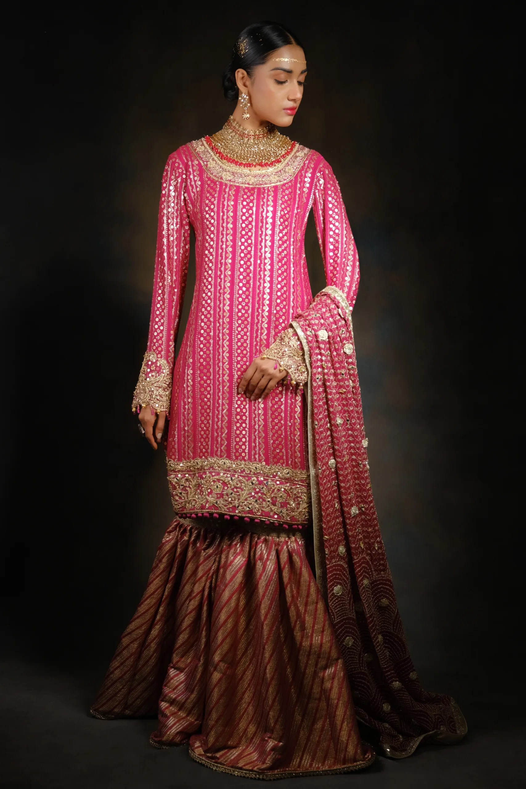 Pakistani Pink Hand-Embroidered Sharara Set (3-Piece) - Image 4