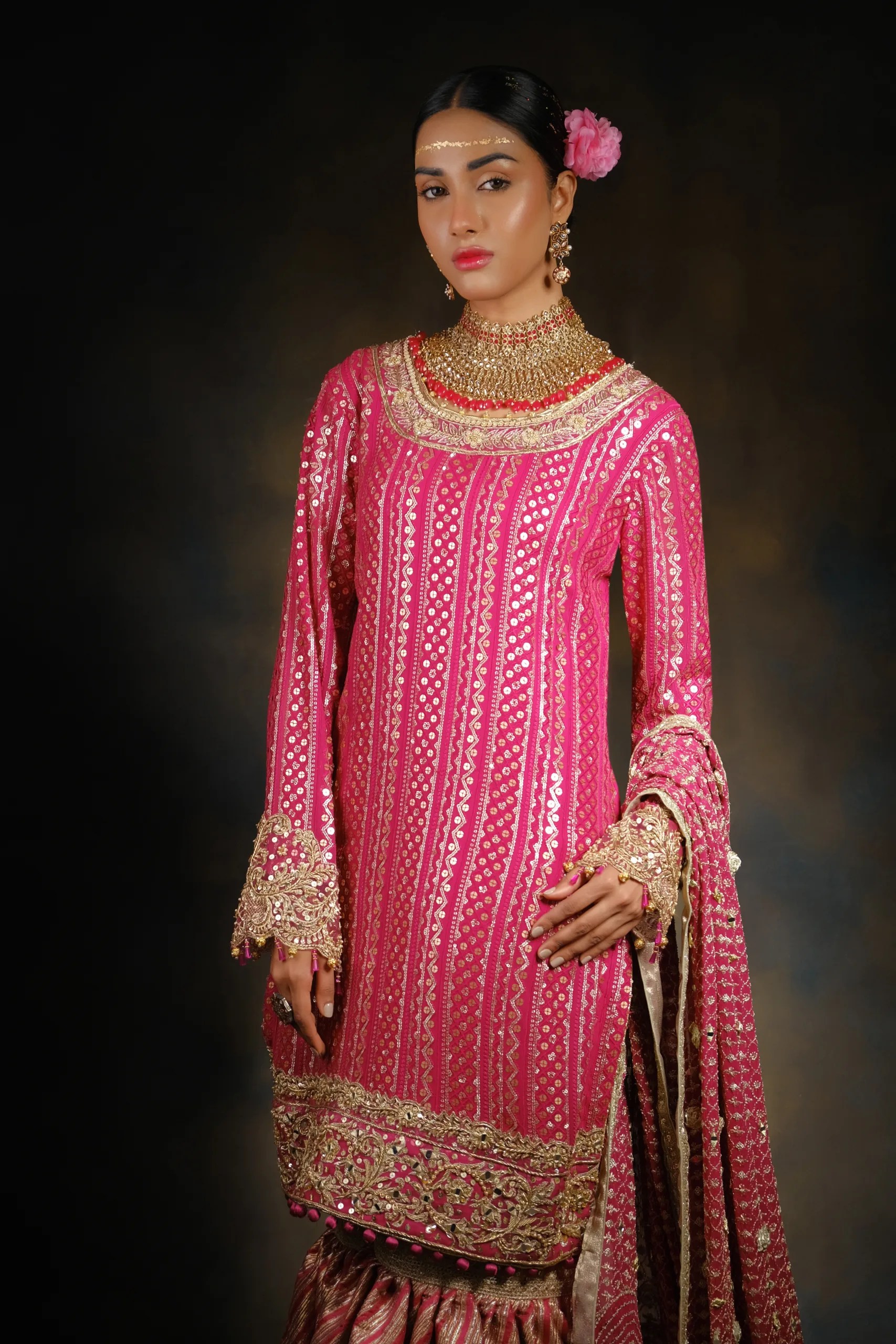 Pakistani Pink Hand-Embroidered Sharara Set (3-Piece) - Image 5