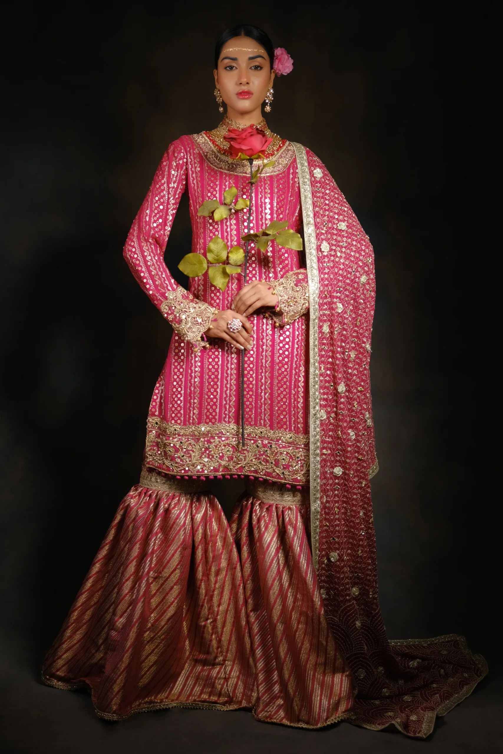 Pakistani Pink Hand-Embroidered Sharara Set (3-Piece) - Image 7