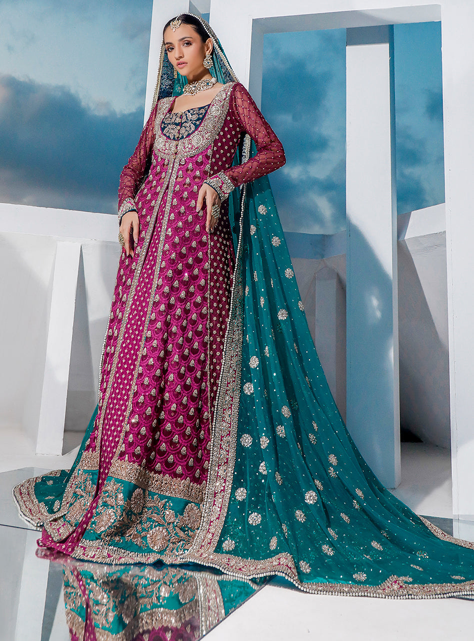 Magenta & Teal Embroidered Net Organza Sharara (3-Piece) - Image 1