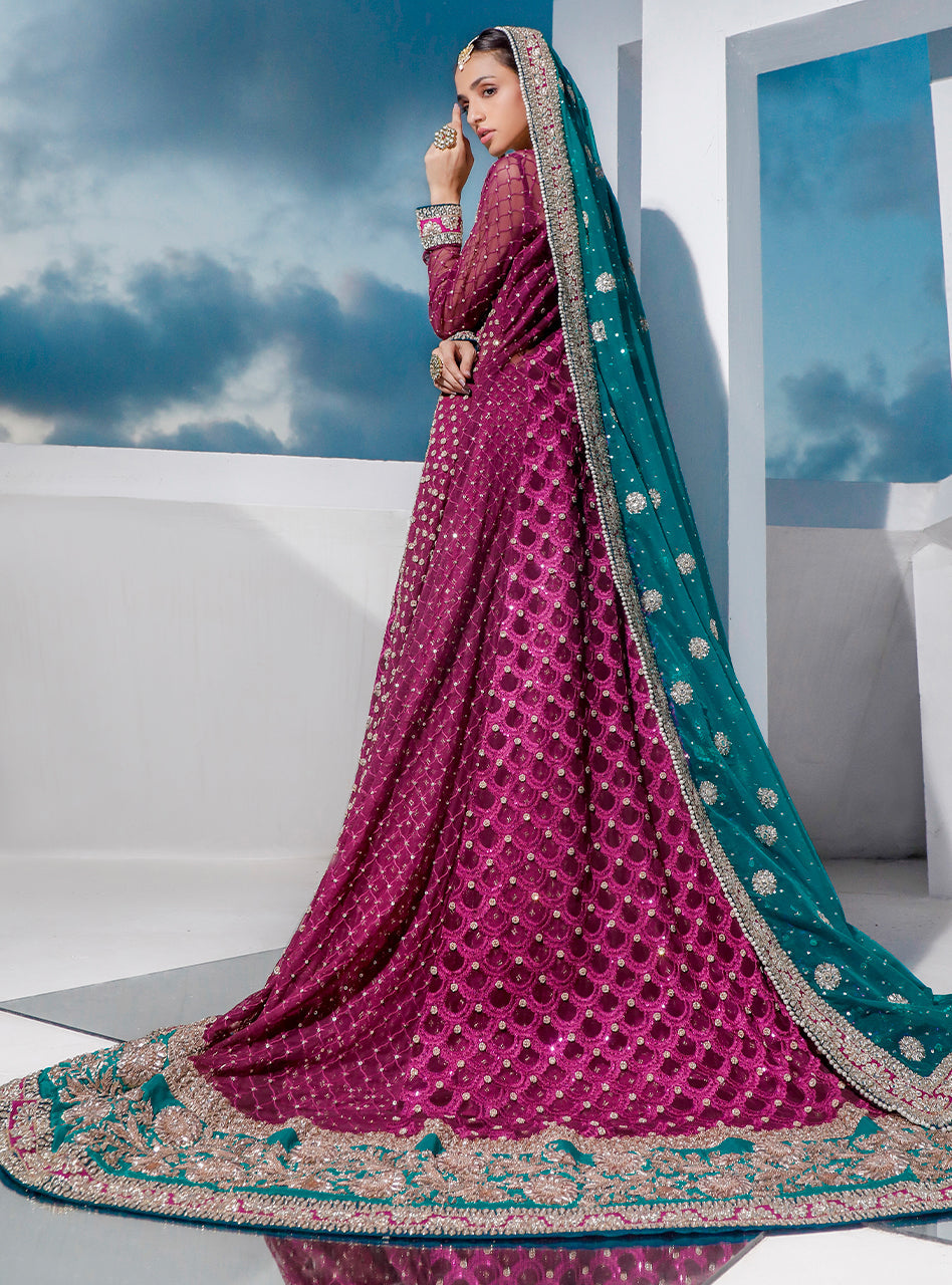 Magenta & Teal Embroidered Net Organza Sharara (3-Piece) - Image 2