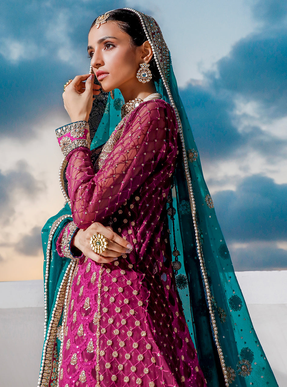 Magenta & Teal Embroidered Net Organza Sharara (3-Piece) - Image 4