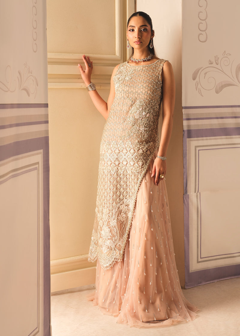 Pakistani Salmon Pink Embroidered Organza Sharara (3-Piece) - Image 1