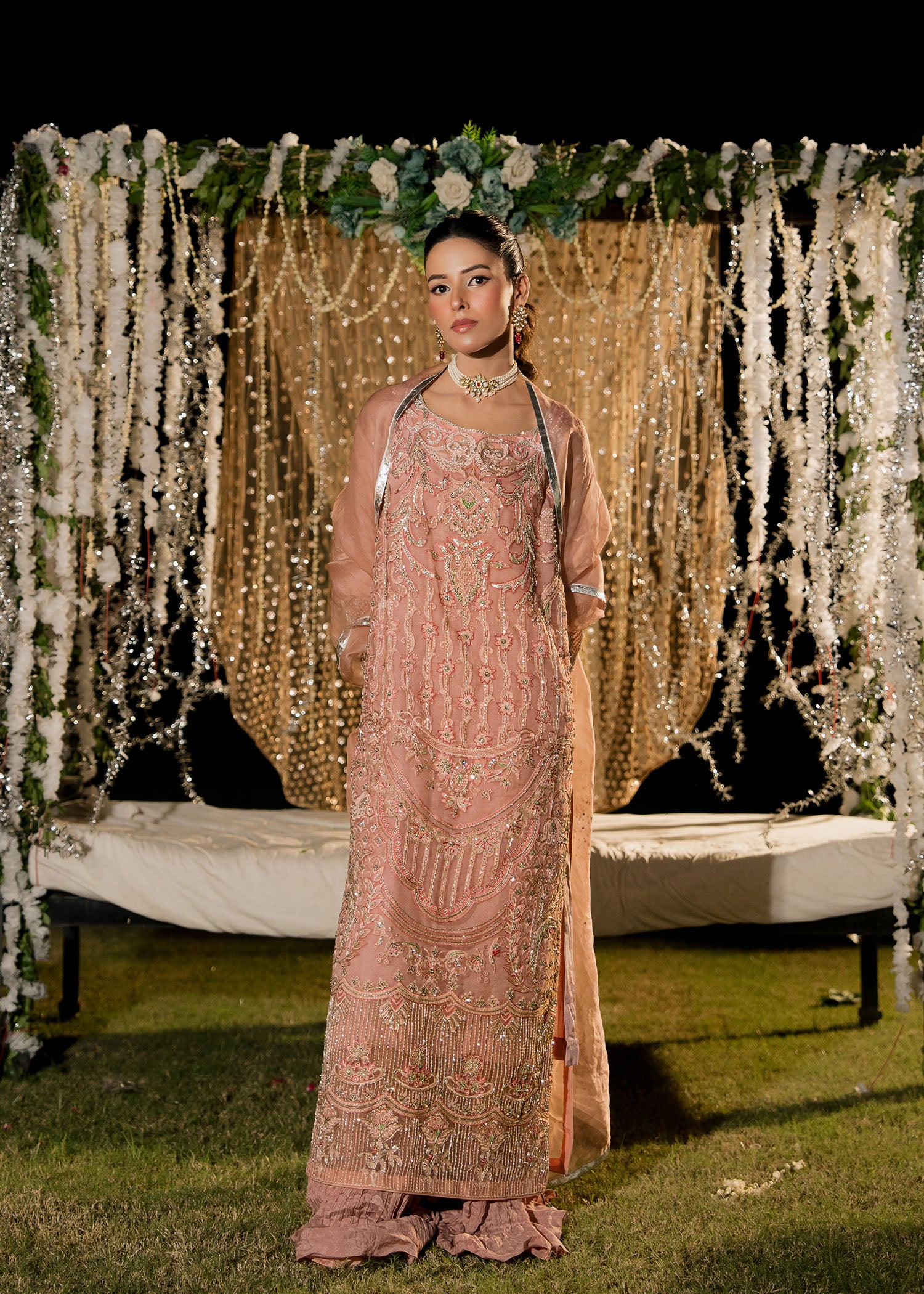 Pakistani Blush Pink Embellished Organza Sharara (3-Piece) - Image 1