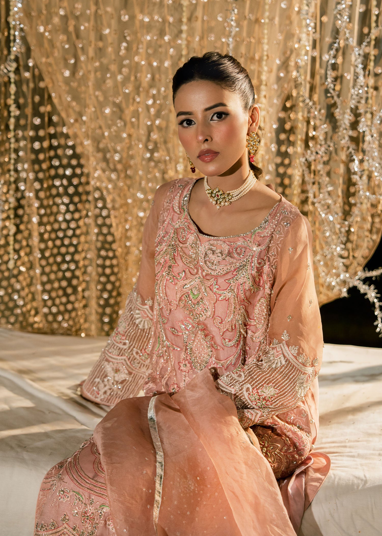 Pakistani Blush Pink Embellished Organza Sharara (3-Piece) - Image 2