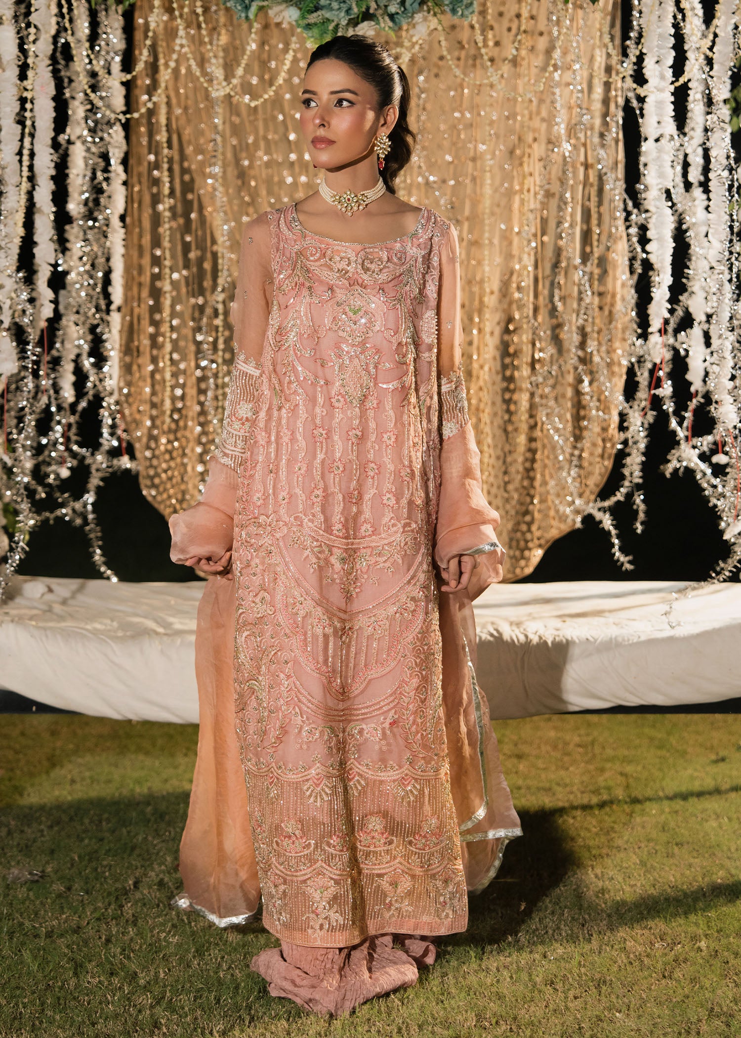 Pakistani Blush Pink Embellished Organza Sharara (3-Piece) - Image 4