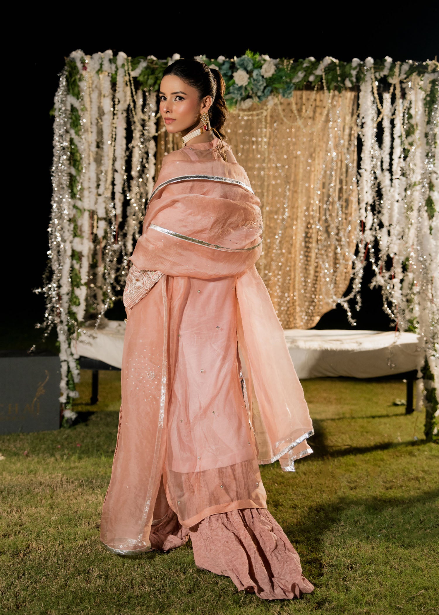 Pakistani Blush Pink Embellished Organza Sharara (3-Piece) - Image 5