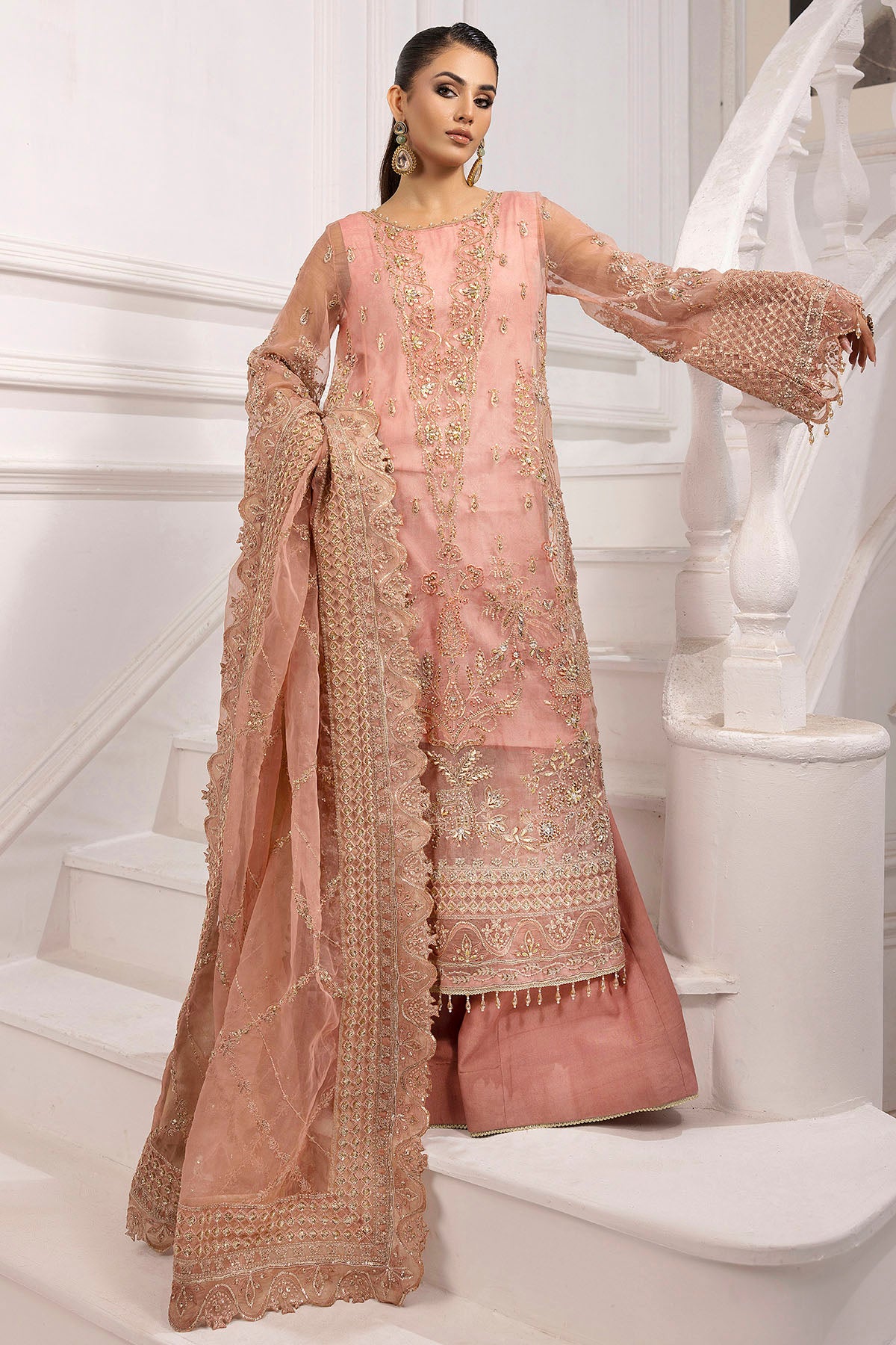 Pakistani Blush Pink Hand-Embellished Organza & Silk Sharara (3-Piece) - Image 2