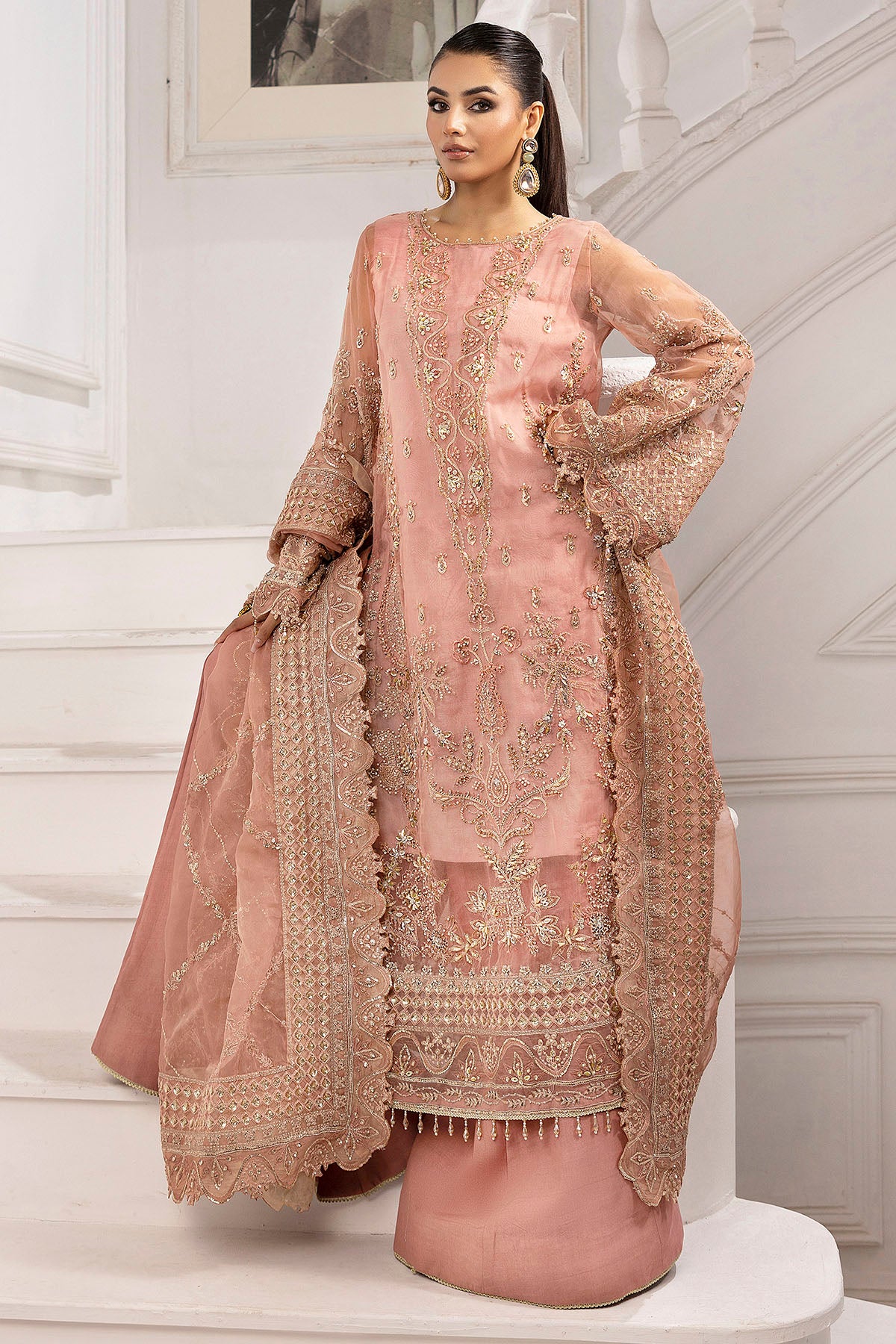 Pakistani Blush Pink Hand-Embellished Organza & Silk Sharara (3-Piece) - Image 3