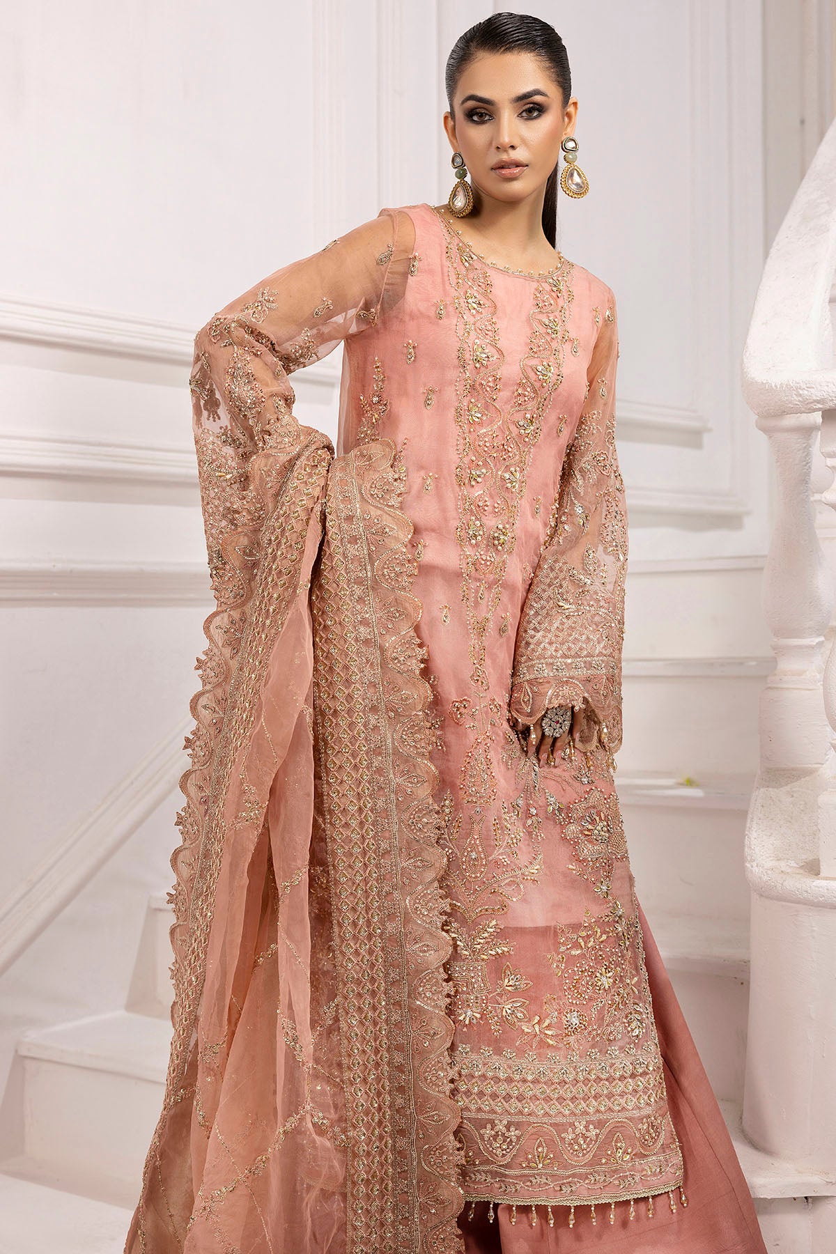 Pakistani Blush Pink Hand-Embellished Organza & Silk Sharara (3-Piece) - Image 5