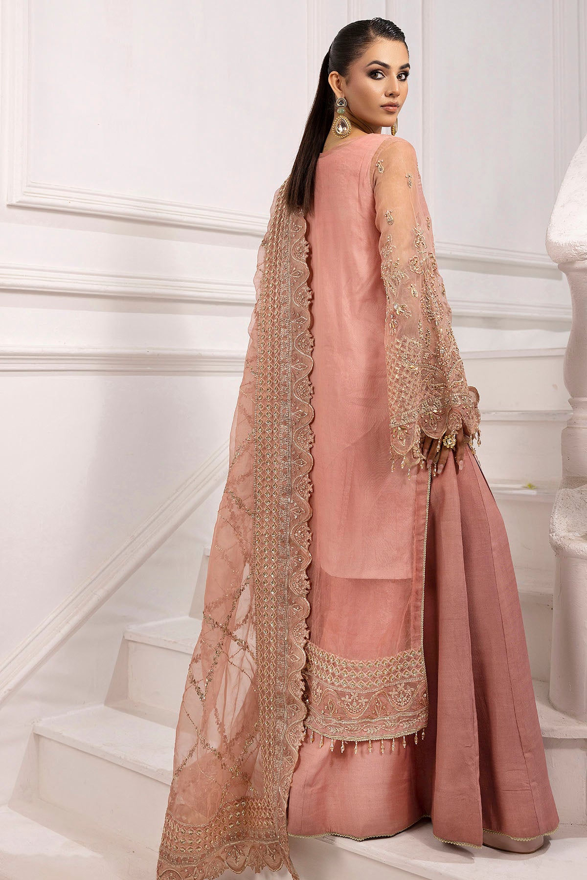 Pakistani Blush Pink Hand-Embellished Organza & Silk Sharara (3-Piece) - Image 7