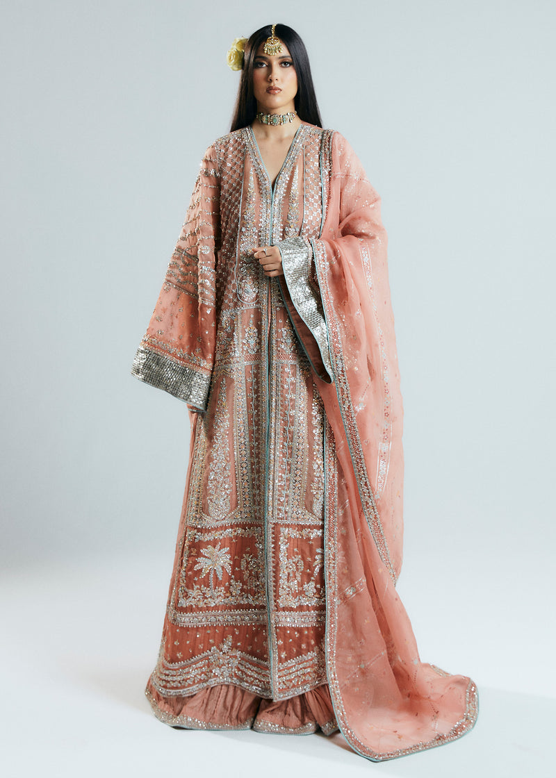 Pakistani Peach Silver Embroidered Organza Jacket Sharara (3-Piece) - Image 1