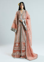 Pakistani Peach Silver Embroidered Organza Jacket Sharara (3-Piece) - Image 2