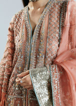 Pakistani Peach Silver Embroidered Organza Jacket Sharara (3-Piece) - Image 4