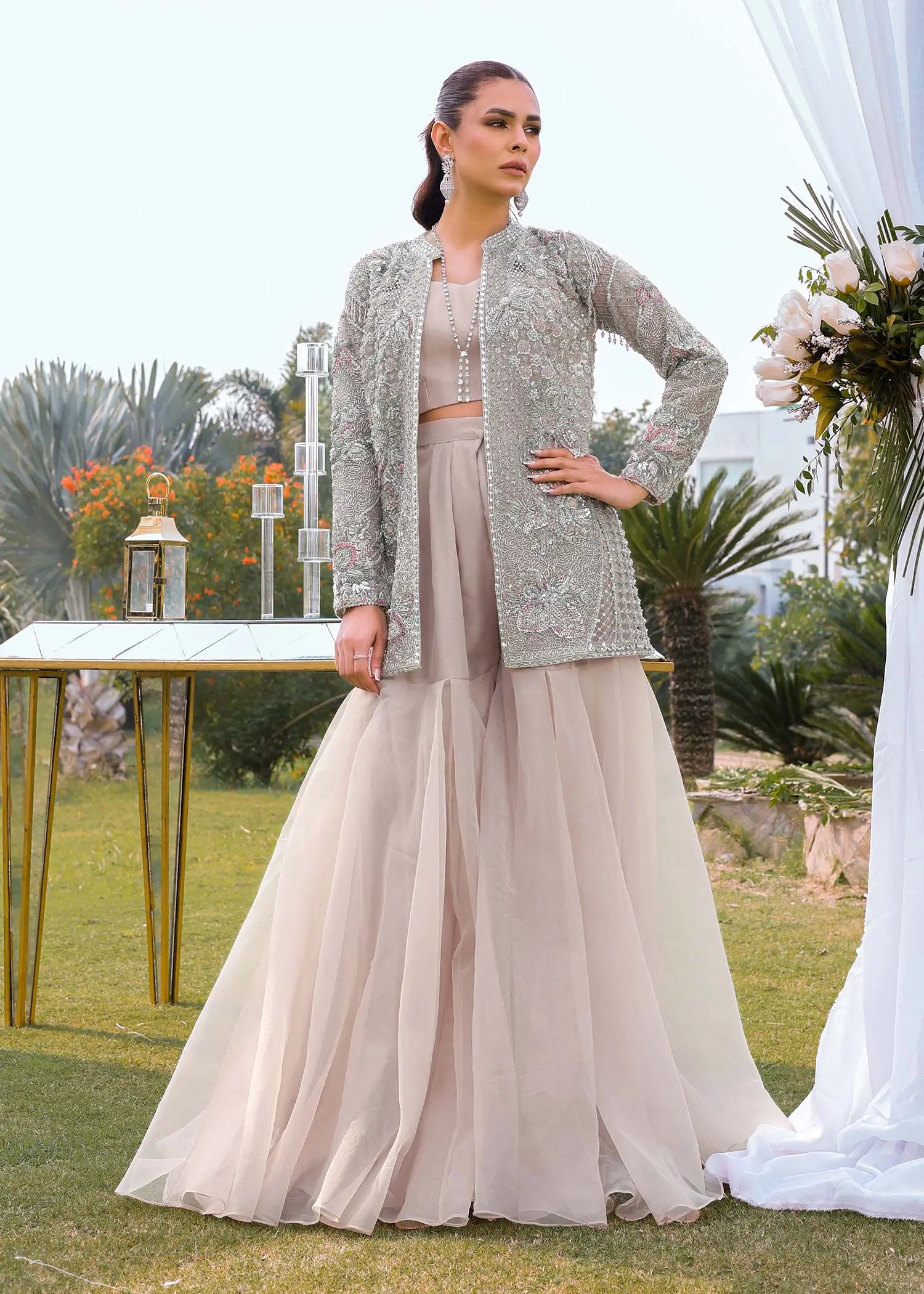 Pakistani Powder Pink Embellished Organza Sharara (3-Piece) - Image 1