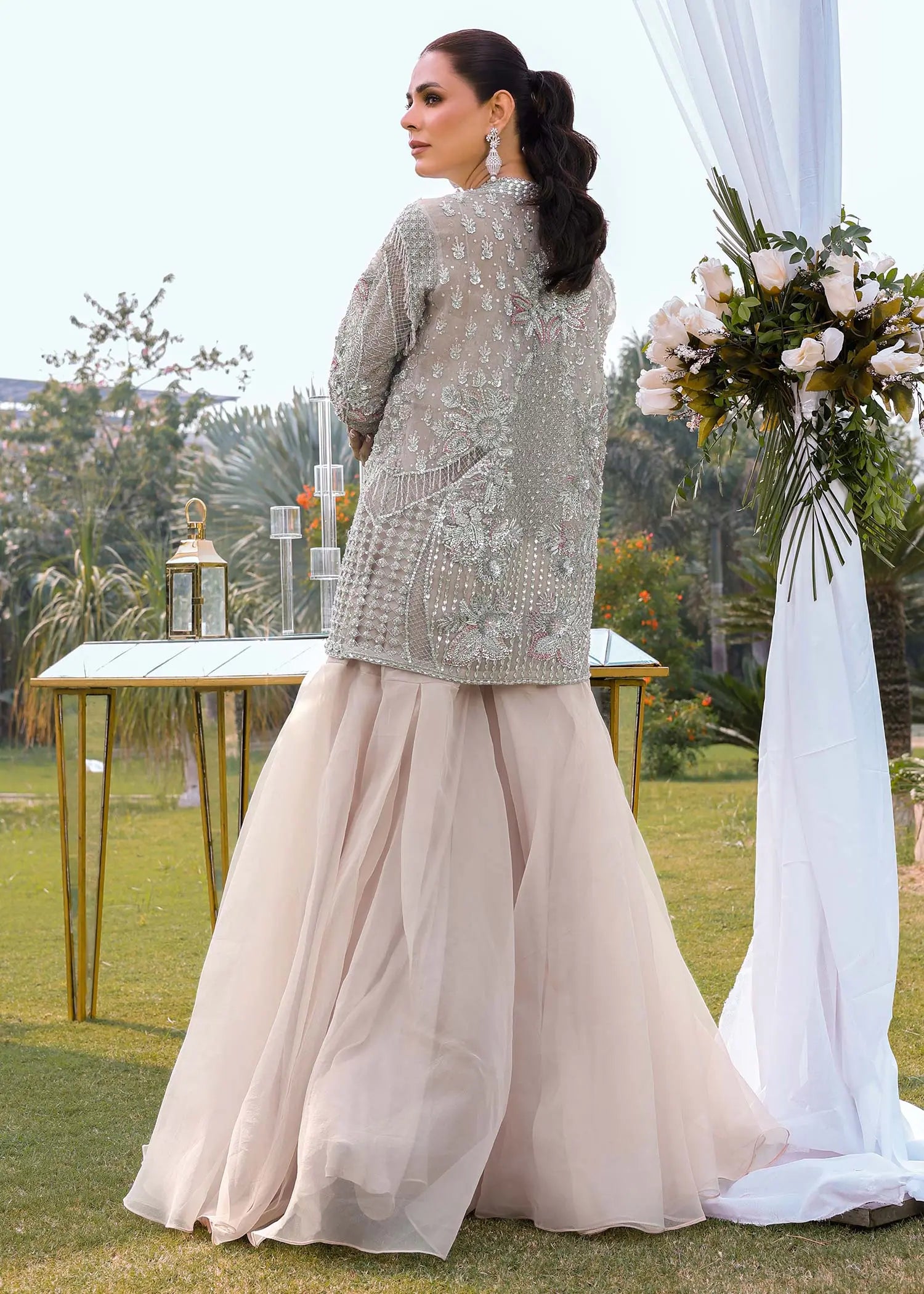 Pakistani Powder Pink Embellished Organza Sharara (3-Piece) - Image 2