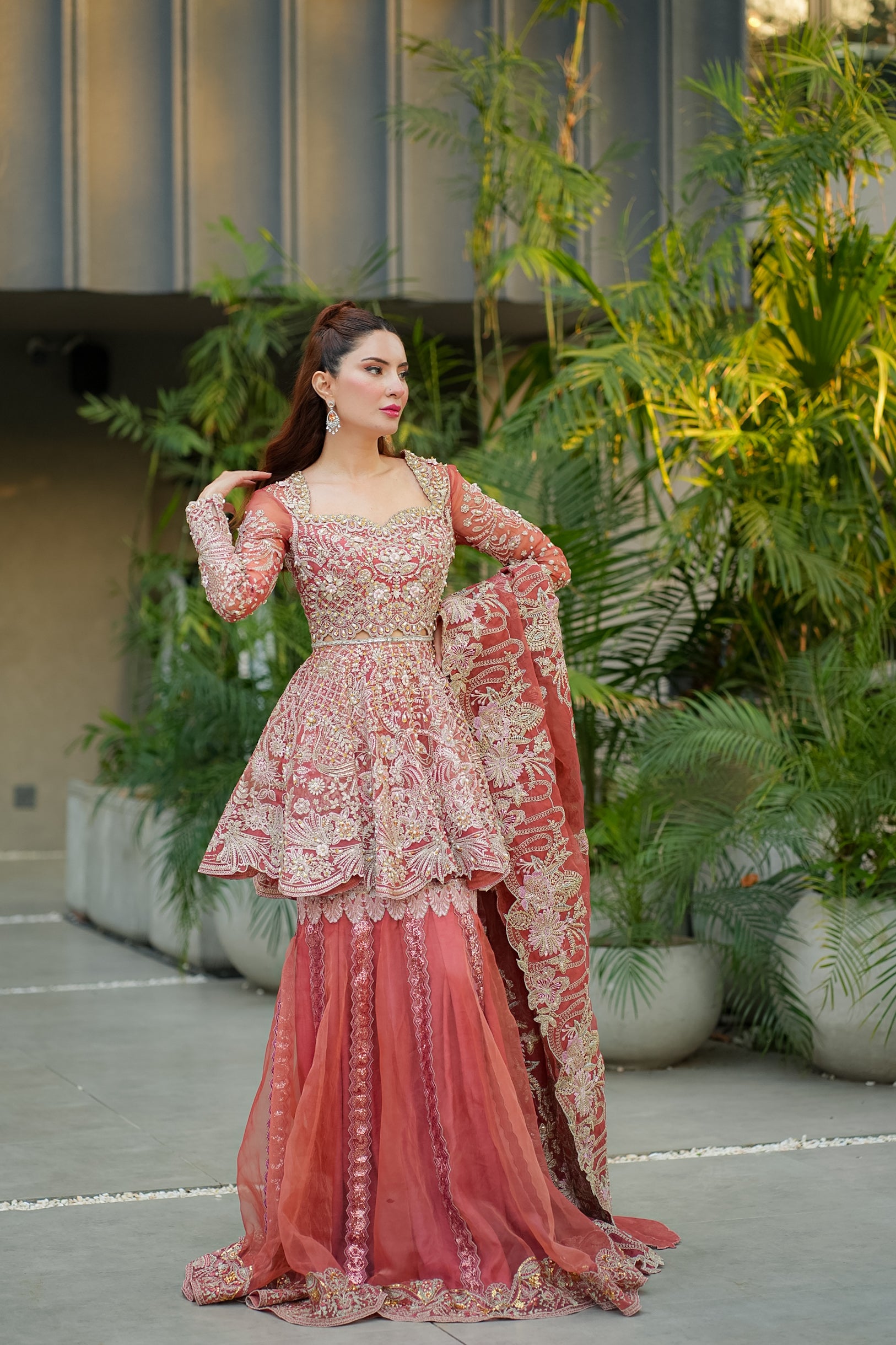 Pakistani Terracotta Rose Embroidered Organza Sharara (3-Piece) - Image 1