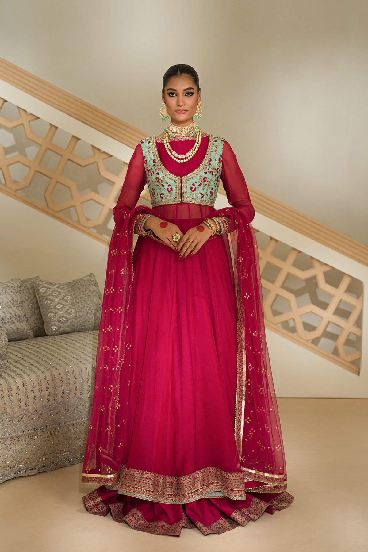 Pakistani Valentino Pink Zardozi Organza Anarkali Sharara (3-Piece) - Image 1