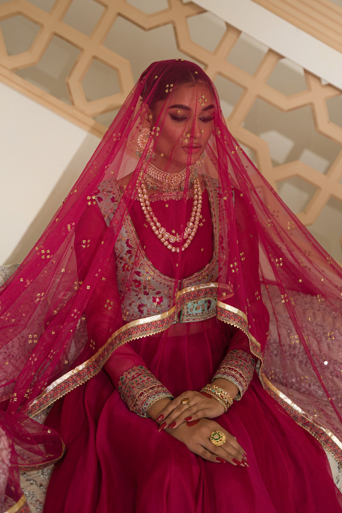 Pakistani Valentino Pink Zardozi Organza Anarkali Sharara (3-Piece) - Image 4