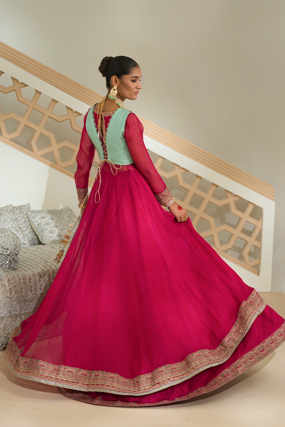 Pakistani Valentino Pink Zardozi Organza Anarkali Sharara (3-Piece) - Image 5