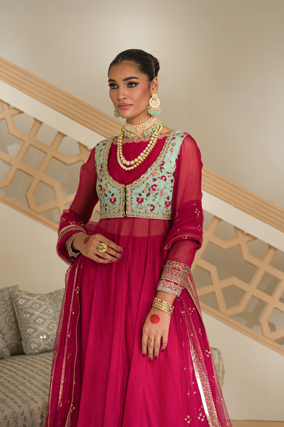 Pakistani Valentino Pink Zardozi Organza Anarkali Sharara (3-Piece) - Image 6