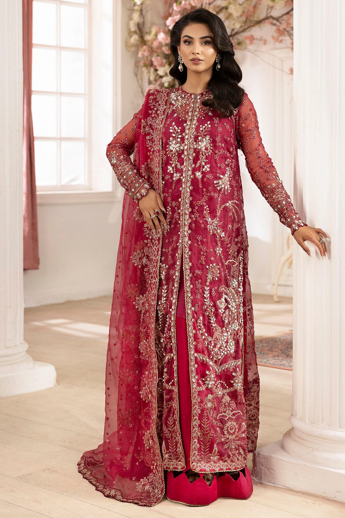 Pakistani Pink Hand-Embellished Organza Sharara Set (3-Piece) - Image 1