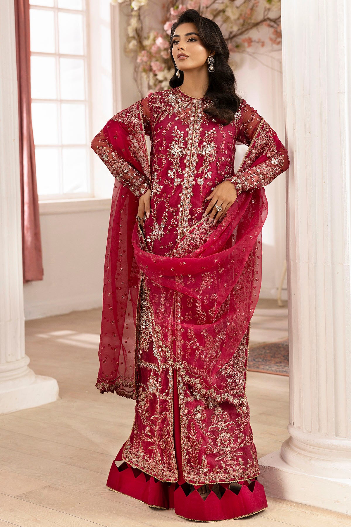 Pakistani Pink Hand-Embellished Organza Sharara Set (3-Piece) - Image 4