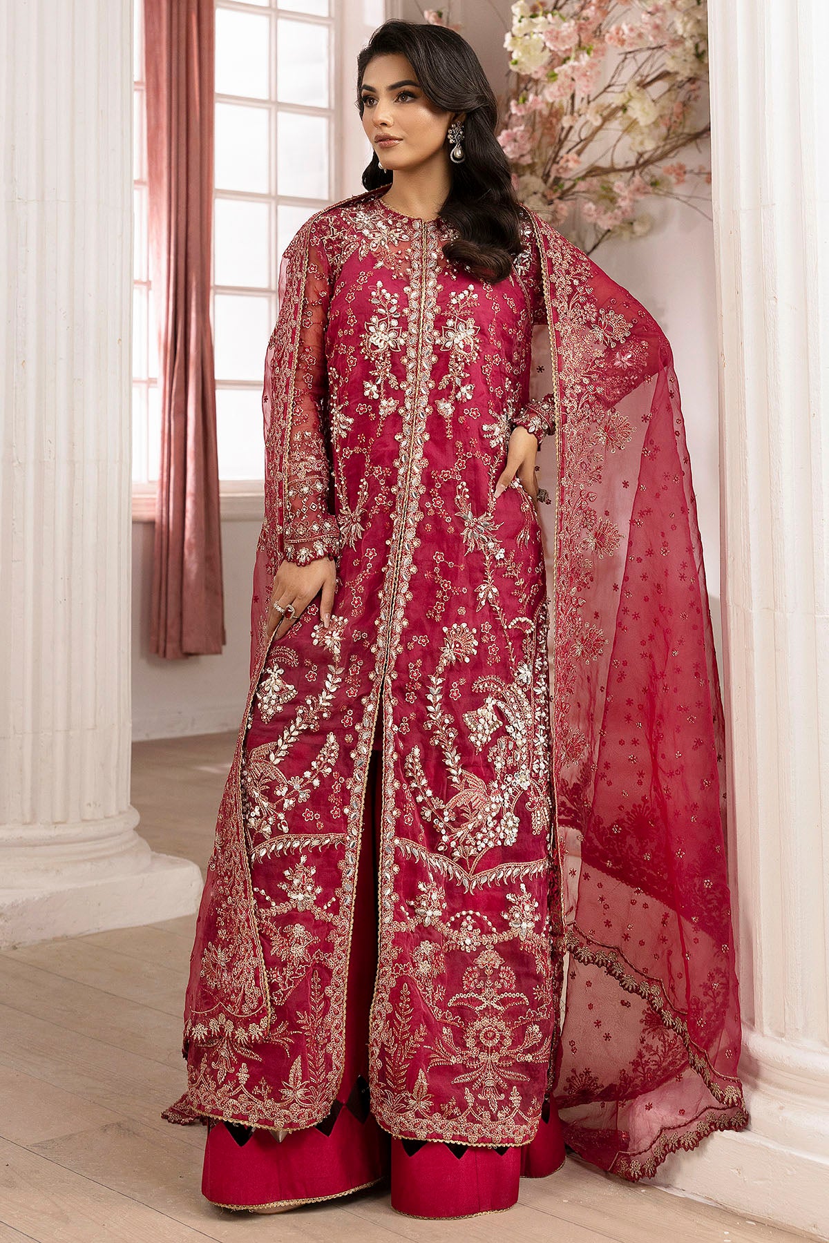 Pakistani Pink Hand-Embellished Organza Sharara Set (3-Piece) - Image 5