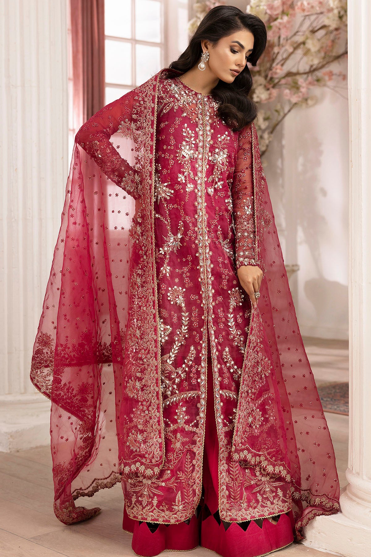 Pakistani Pink Hand-Embellished Organza Sharara Set (3-Piece) - Image 6