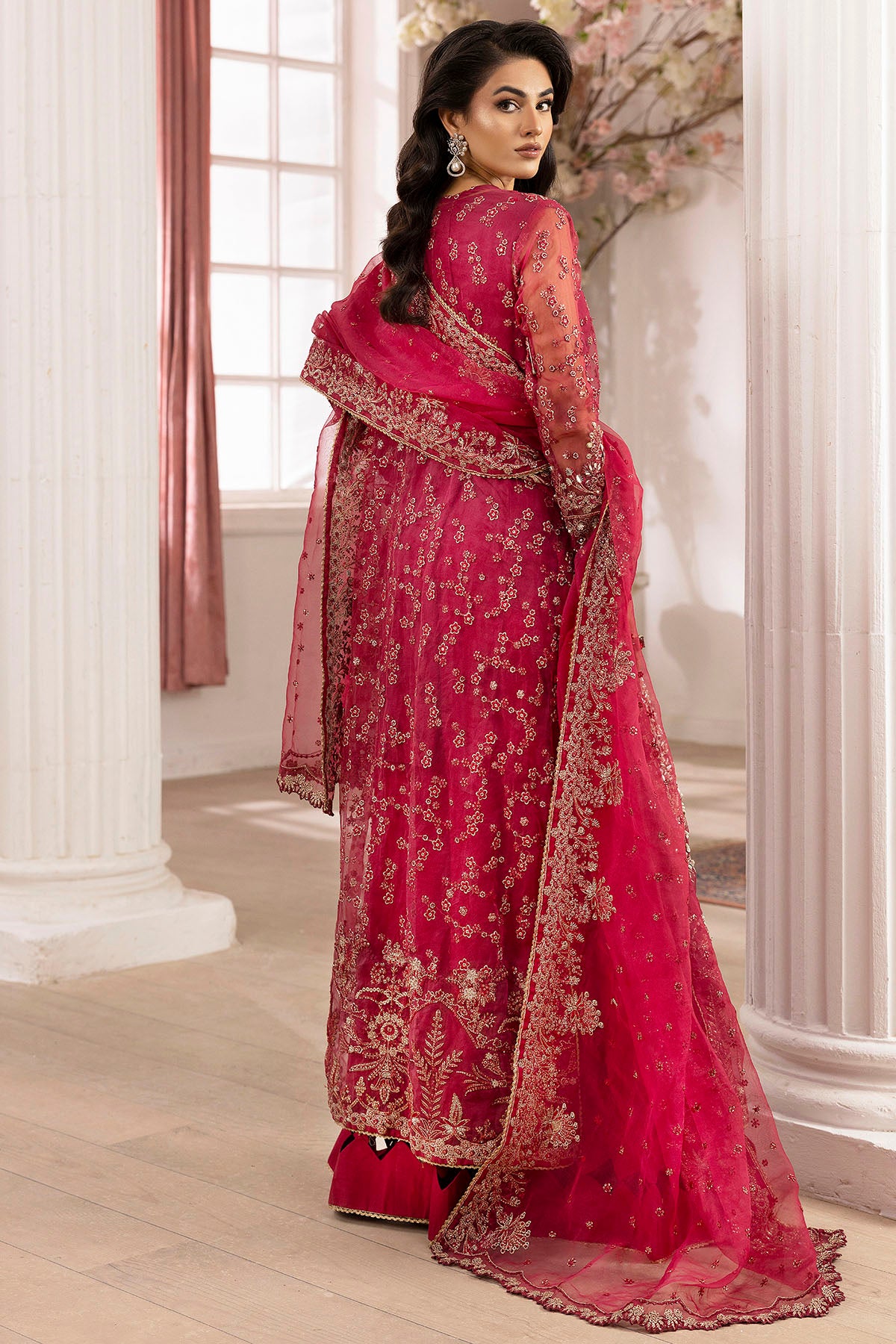 Pakistani Pink Hand-Embellished Organza Sharara Set (3-Piece) - Image 7