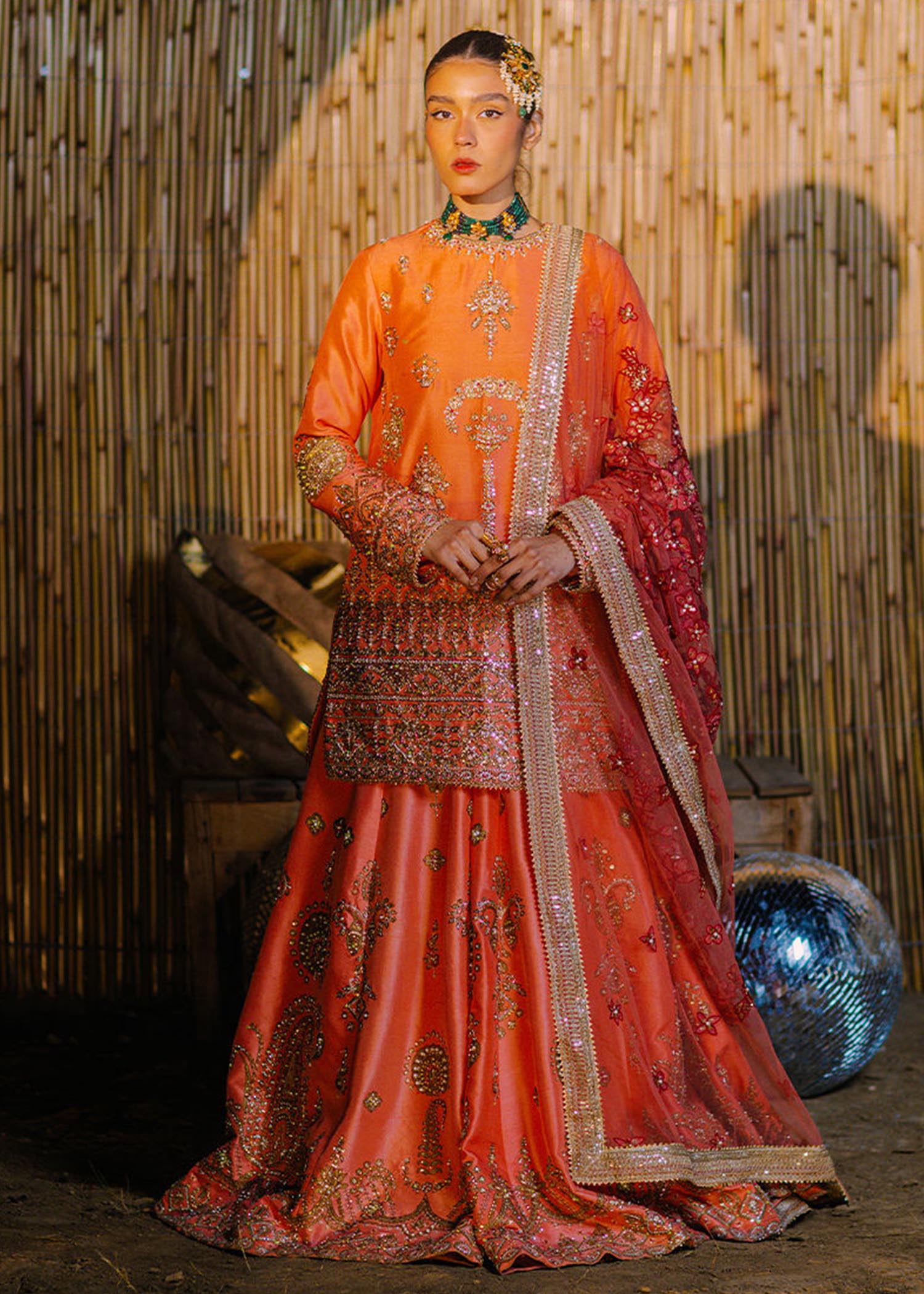 Indian Coral Pink Embellished Raw Silk Sharara (3-Piece) - Image 1