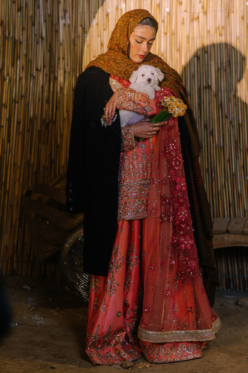 Indian Coral Pink Embellished Raw Silk Sharara (3-Piece) - Image 2