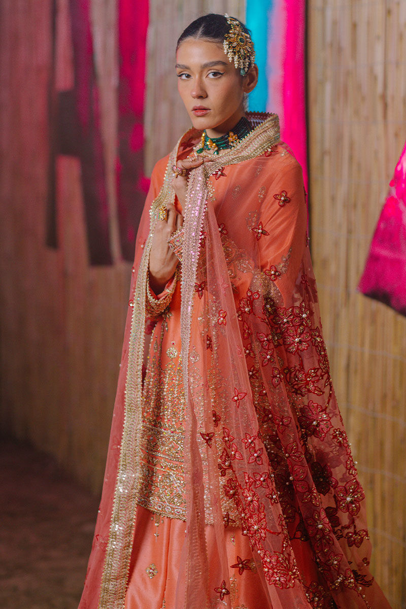 Indian Coral Pink Embellished Raw Silk Sharara (3-Piece) - Image 3