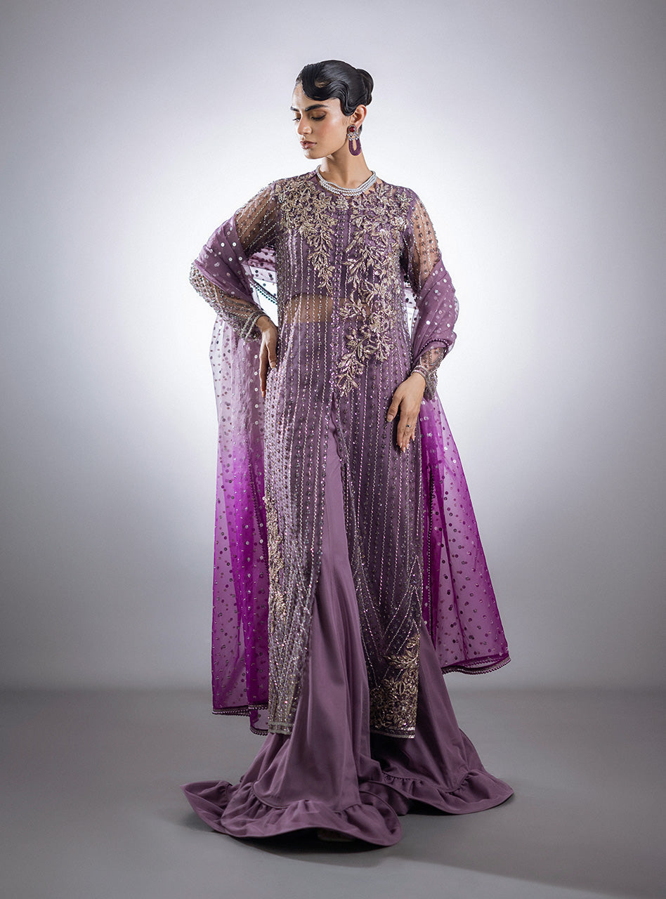 Pakistani Mauve Beaded Net Sharara (3-Piece) - Image 1
