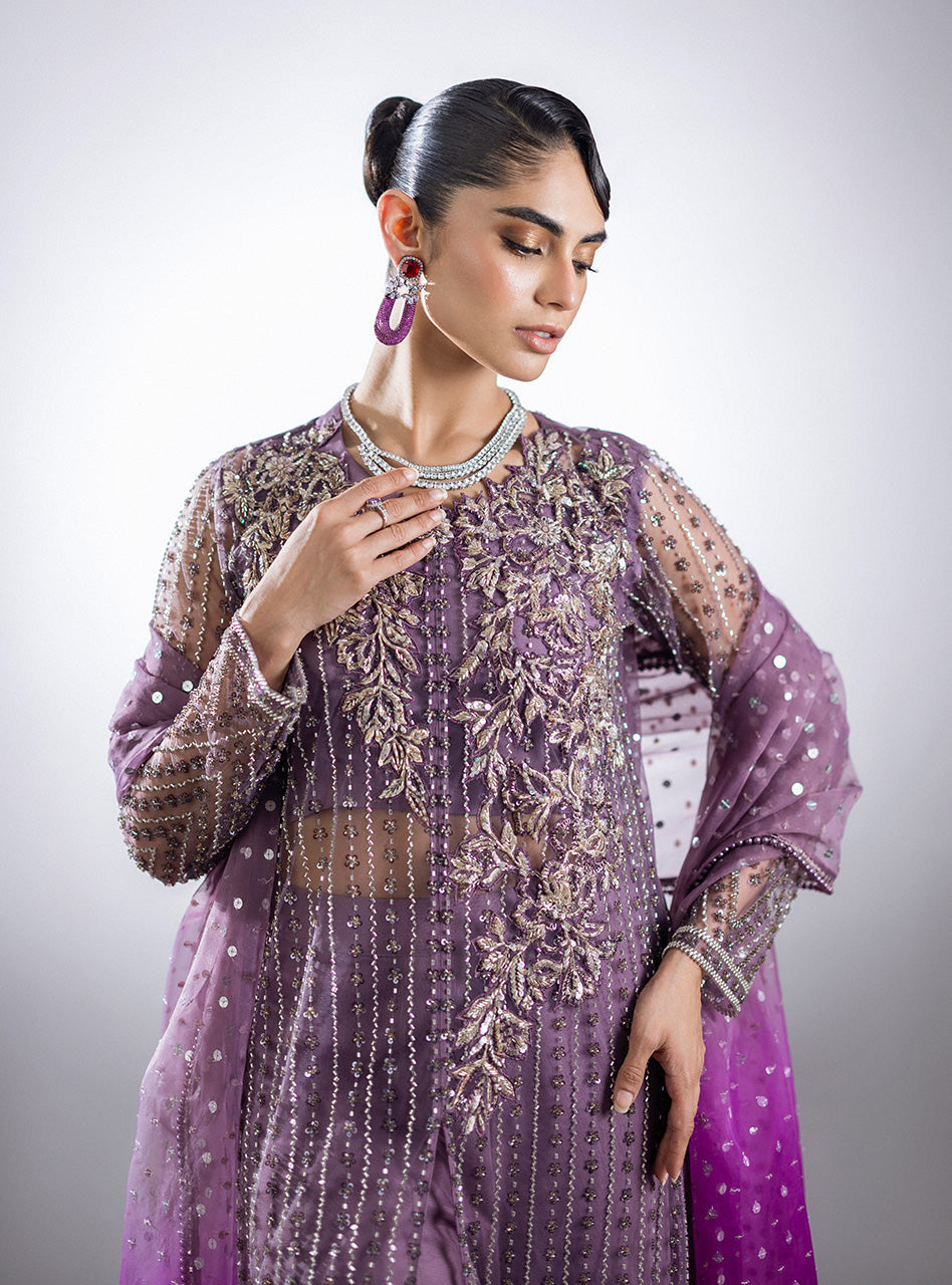 Pakistani Mauve Beaded Net Sharara (3-Piece) - Image 3