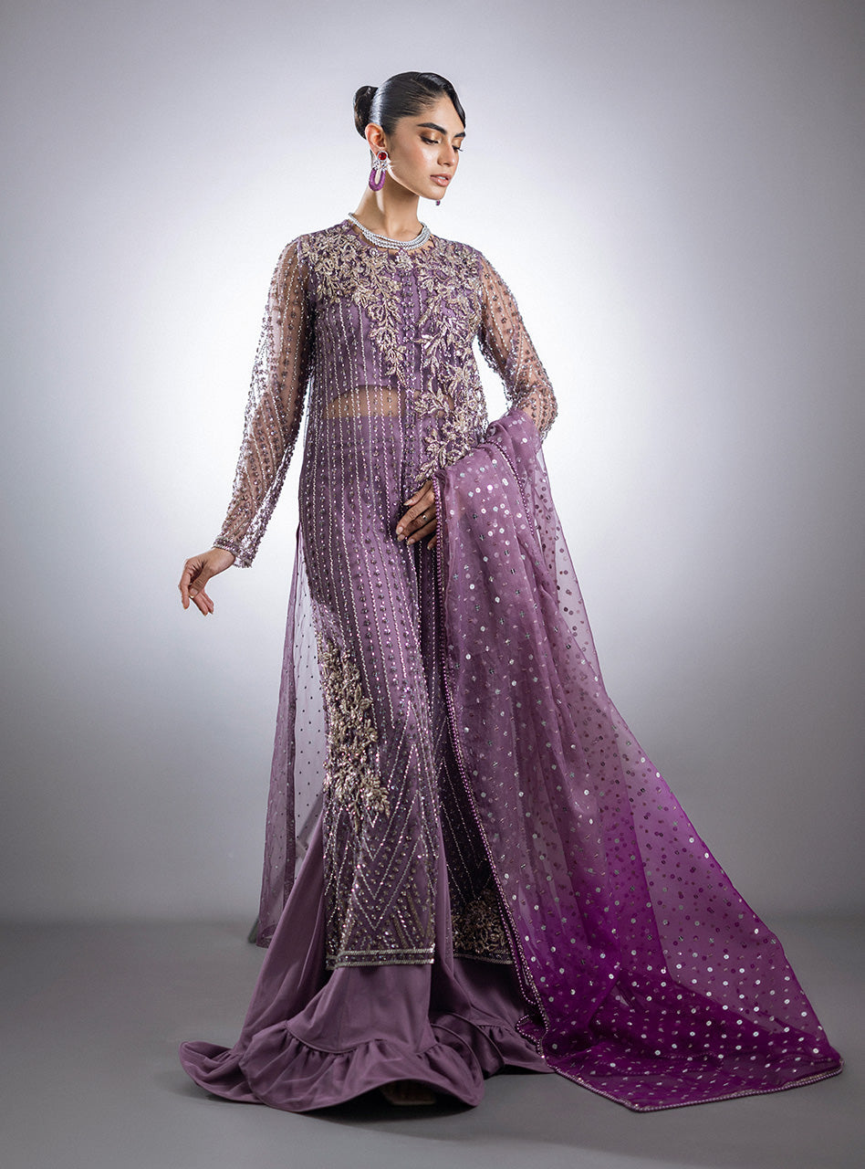 Pakistani Mauve Beaded Net Sharara (3-Piece) - Image 5