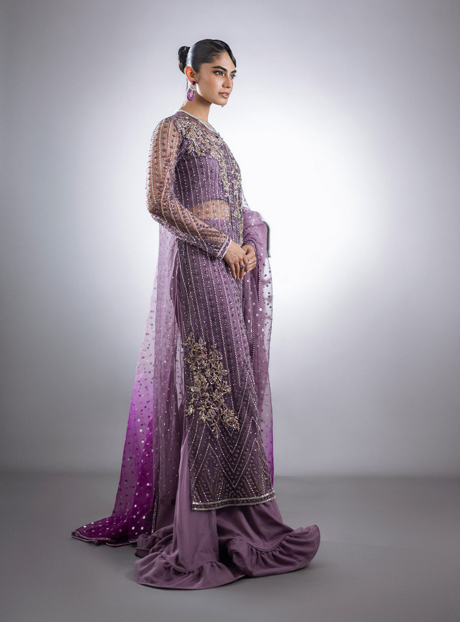 Pakistani Mauve Beaded Net Sharara (3-Piece) - Image 6