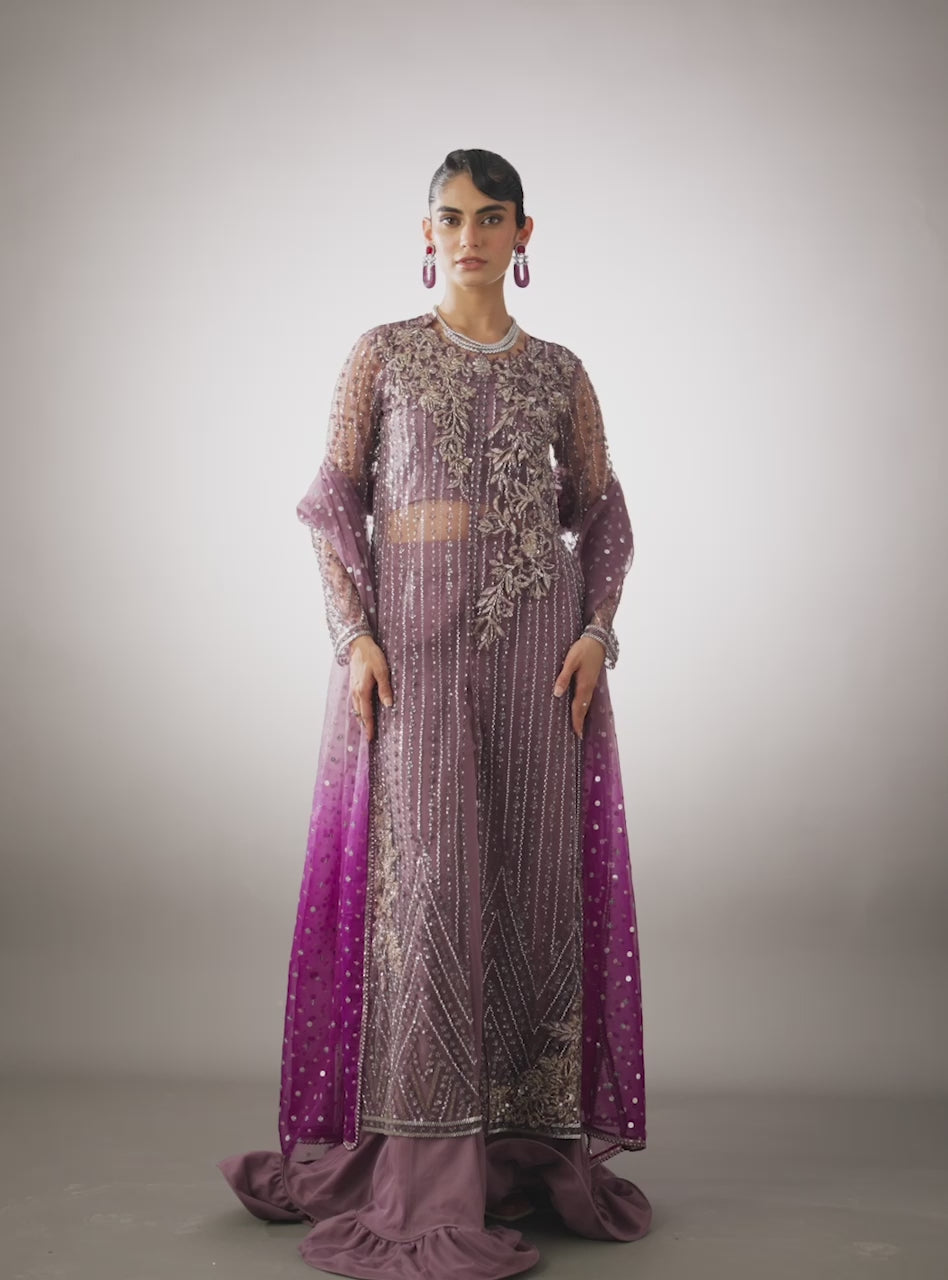 Pakistani Mauve Beaded Net Sharara (3-Piece) - Image 7
