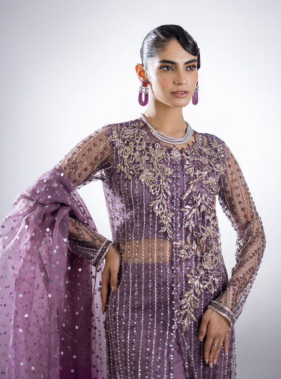 Pakistani Mauve Beaded Net Sharara (3-Piece) - Image 8