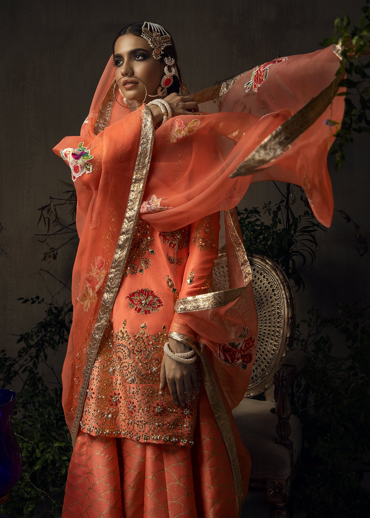 Coral Gold Block Printed Raw Silk Sharara (3-Piece) - Image 3