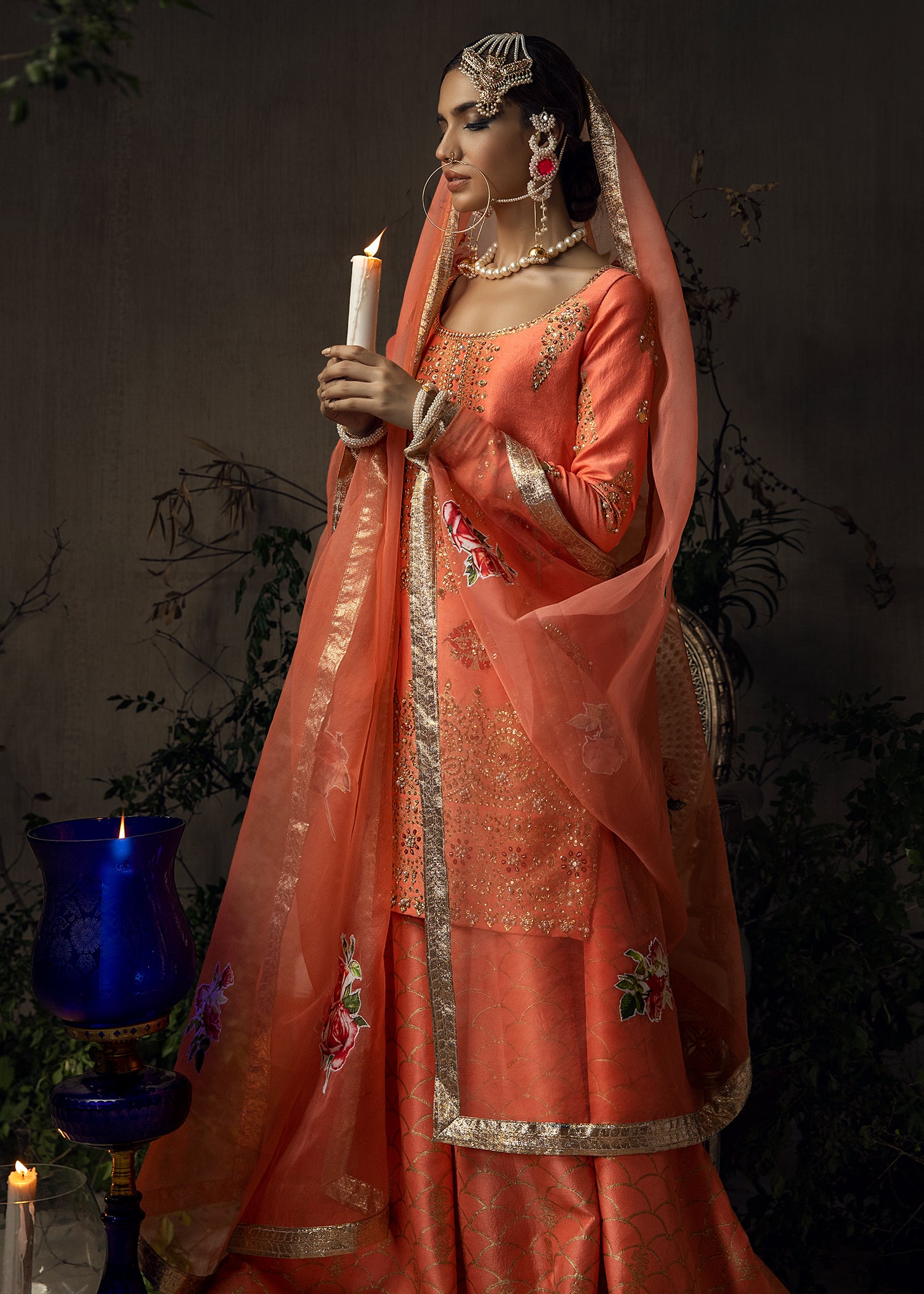 Coral Gold Block Printed Raw Silk Sharara (3-Piece) - Image 2